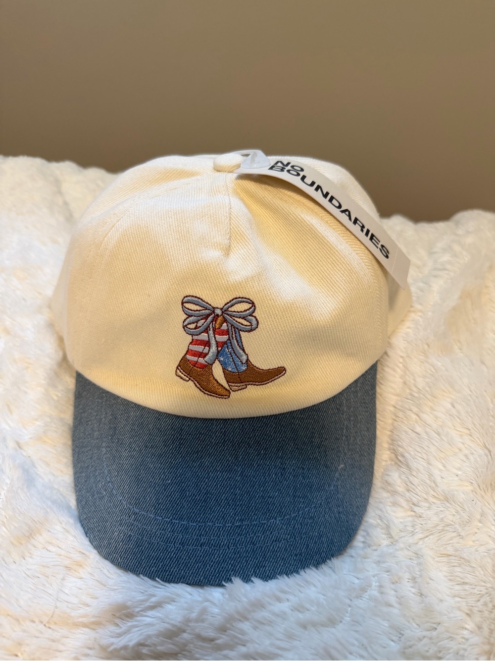 No Boundaries Kids Cream Cap with Blue Brim and Embroidered Boots
